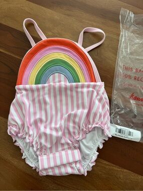 Hanna Andersson Pink White Stripe One-Piece Swimsuit with Rainbow